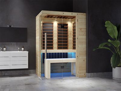 SAUNA KING infraszauna fenyőből Harvia karbonsugárzókkal, 2 oldalon panoráma üveggel