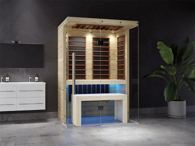SAUNA KING infraszauna fenyőből Harvia karbonsugárzókkal, 3 oldalon panoráma üveggel