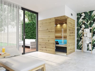 SAUNA KING finnszauna 3-4 főre repedezett jellegű tölgyfa saunaboard-ból, 200x160cm