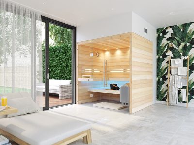 SAUNA KING finnszauna 3-4 főre hemlockból, teljes üvegfronttal, 200x160cm