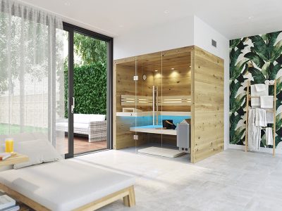 SAUNA KING finnszauna 3-4 főre repedezett jellegű tölgyfa saunaboard-ból, teljes üvegfronttal, 200x160cm