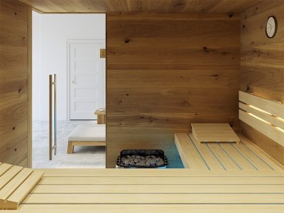 SAUNA KING finnszauna 3-4 főre repedezett jellegű tölgyfa saunaboard-ból, 200x160cm