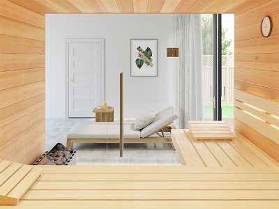 SAUNA KING finnszauna 3-4 főre hemlockból, teljes üvegfronttal, 200x160cm