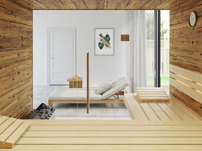 SAUNA KING finnszauna 3-4 főre öregfából, teljes üvegfronttal, 200x160cm