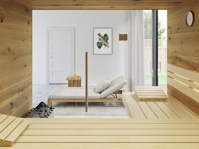 SAUNA KING finnszauna 3-4 főre repedezett jellegű tölgyfa saunaboard-ból, teljes üvegfronttal, 200x160cm