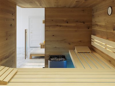 SAUNA KING finnszauna 4-5 főre repedezett jellegű tölgyfa saunaboard-ból, 200x200cm