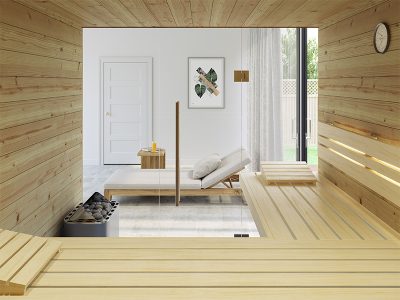 SAUNA KING finnszauna 4-5 főre cirbolyafenyőből, teljes üvegfronttal, 200x200cm