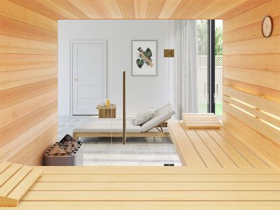 SAUNA KING finnszauna 4-5 főre hemlockból, teljes üvegfronttal, 200x200cm