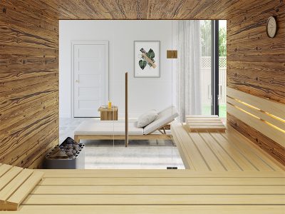 SAUNA KING finnszauna 4-5 főre öregfából, teljes üvegfronttal, 200x200cm