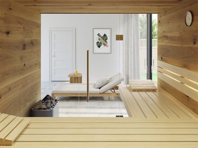 SAUNA KING finnszauna 4-5 főre repedezett jellegű tölgyfa saunaboard-ból, teljes üvegfronttal, 200x200cm