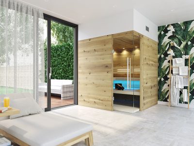 SAUNA KING finnszauna 4-5 főre repedezett jellegű tölgyfa saunaboard-ból, 200x200cm