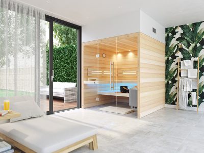 SAUNA KING finnszauna 4-5 főre hemlockból, teljes üvegfronttal, 200x200cm