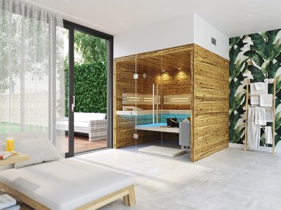 SAUNA KING finnszauna 4-5 főre öregfából, teljes üvegfronttal, 200x200cm