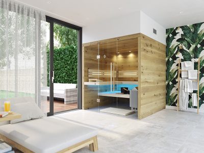SAUNA KING finnszauna 4-5 főre repedezett jellegű tölgyfa saunaboard-ból, teljes üvegfronttal, 200x200cm